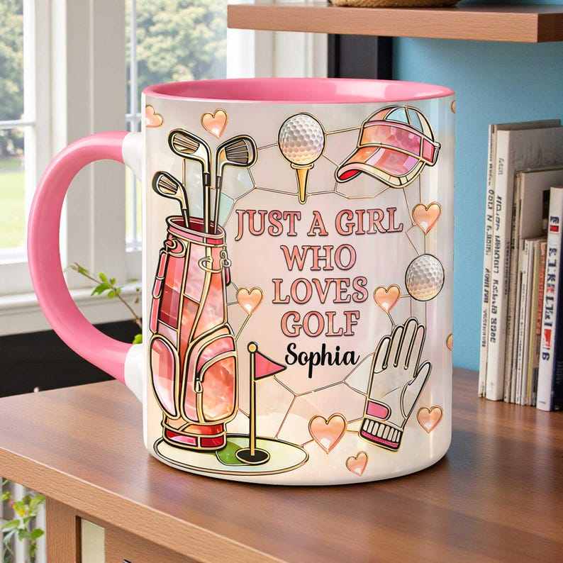 Personalized 2D Flat Girl Who Loves Golf Mug, Cute Golf Coffee Mug, Custom Golf Lover Gift for Her, Golf Theme Coffee Cup