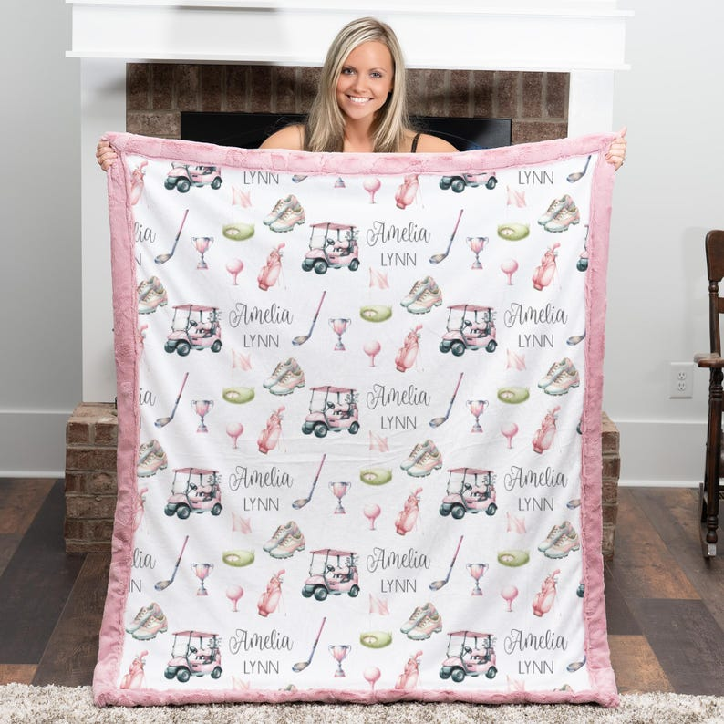 Personalized Golf Blanket Girl – Custom Name Pink Golf Cart Design