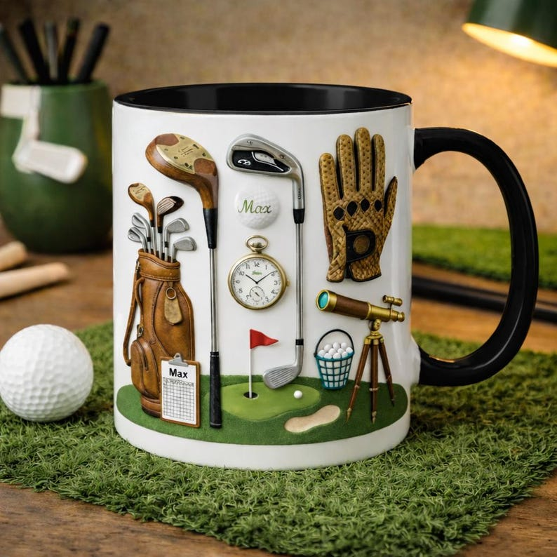 Personalized Vintage Golf Mug, Custom Name 3D Art Effect Coffee Cup, Antique Golf Equipment Bag & Clubs Design, Retro Golfer Gift for Dad