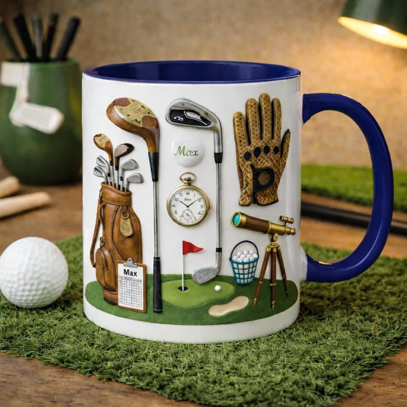 Personalized Vintage Golf Mug, Custom Name 3D Art Effect Coffee Cup, Antique Golf Equipment Bag & Clubs Design, Retro Golfer Gift for Dad