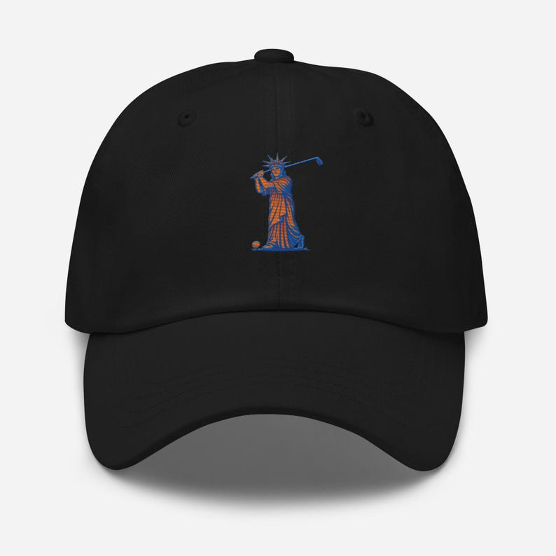 Lady Liberty Golfing Dad hat, Statue of Liberty Golf Dad Hat – Black Unstructured Golf Cap | NYC Golf Hat | New York Streetwear Golf Cap