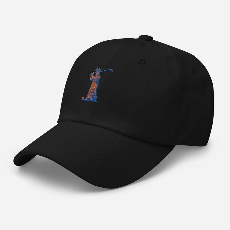 Lady Liberty Golfing Dad hat, Statue of Liberty Golf Dad Hat – Black Unstructured Golf Cap | NYC Golf Hat | New York Streetwear Golf Cap