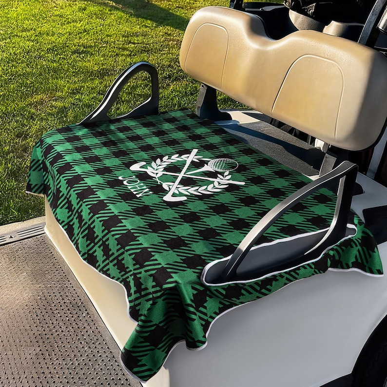 Personalized Golf Club Wreath Plaid Golf Cart Seat Cover with Name and Initial Golf Course Accessories Birthday Gift for Golfers