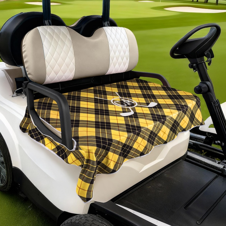 Personalized Golf Club Wreath Plaid Golf Cart Seat Cover with Name and Initial Golf Course Accessories Birthday Gift for Golfers