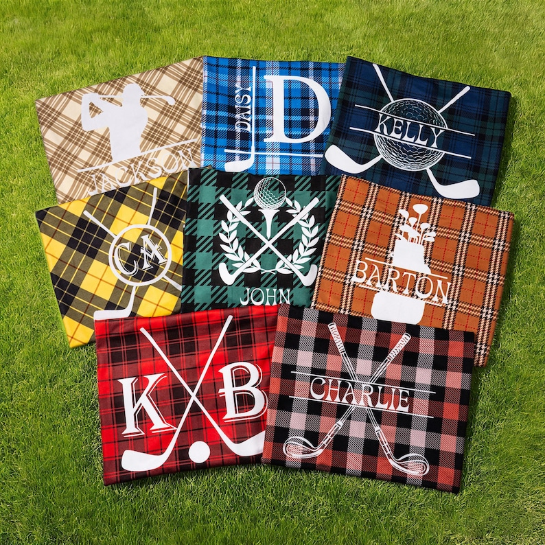 Personalized Golf Club Wreath Plaid Golf Cart Seat Cover with Name and Initial Golf Course Accessories Birthday Gift for Golfers
