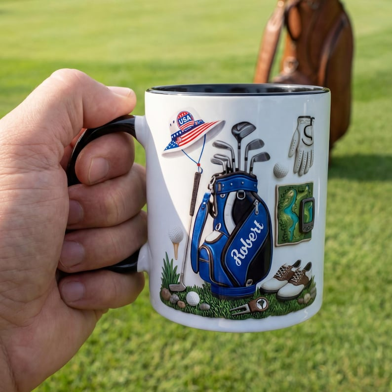 Personalized Golf Mug Lover Coffee, Custom Name Golf Ceramic Mug, 250th USA Anniversary Patriotic Father’s Day Gift for Dad Grandpa