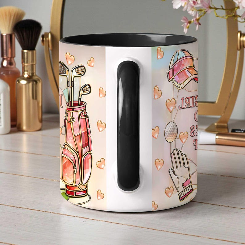 Personalized 2D Flat Girl Who Loves Golf Mug, Cute Golf Coffee Mug, Custom Golf Lover Gift for Her, Golf Theme Coffee Cup