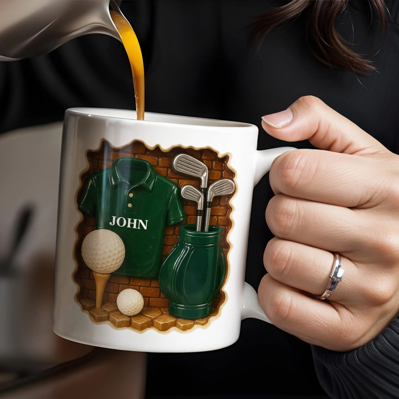 Custom Name Golf Mug, Realistic 3D Brick Wall Illusion, Green Shirt & Golf Balls Graphic, Ceramic Tea Cup for Dad CRMGTP26