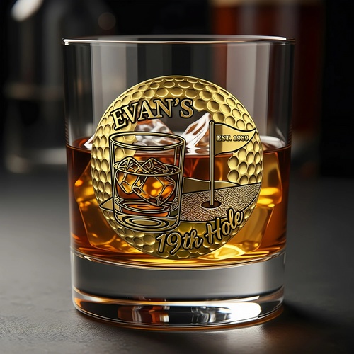 Personalized 19th Hole Golf Whiskey Glass, Custom Name & Date Golf Gift, Gold Golf Ball Design, Bourbon Scotch Glass for Dad, Husband, Retirement