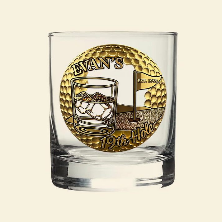 Personalized 19th Hole Golf Whiskey Glass, Custom Name & Date Golf Gift, Gold Golf Ball Design, Bourbon Scotch Glass for Dad, Husband, Retirement
