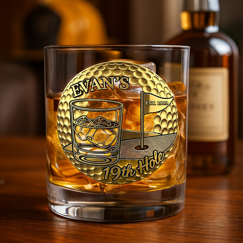 Personalized 19th Hole Golf Whiskey Glass, Custom Name & Date Golf Gift, Gold Golf Ball Design, Bourbon Scotch Glass for Dad, Husband, Retirement