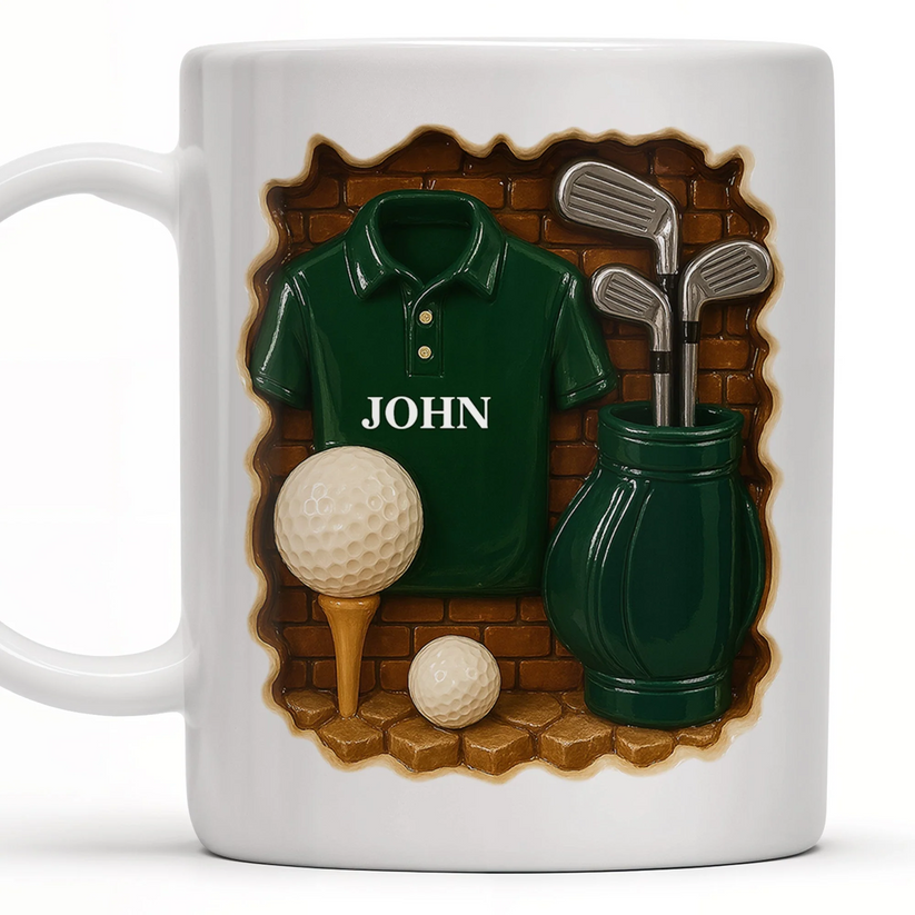 Custom Name Golf Mug, Realistic 3D Brick Wall Illusion, Green Shirt & Golf Balls Graphic, Ceramic Tea Cup for Dad CRMGTP26