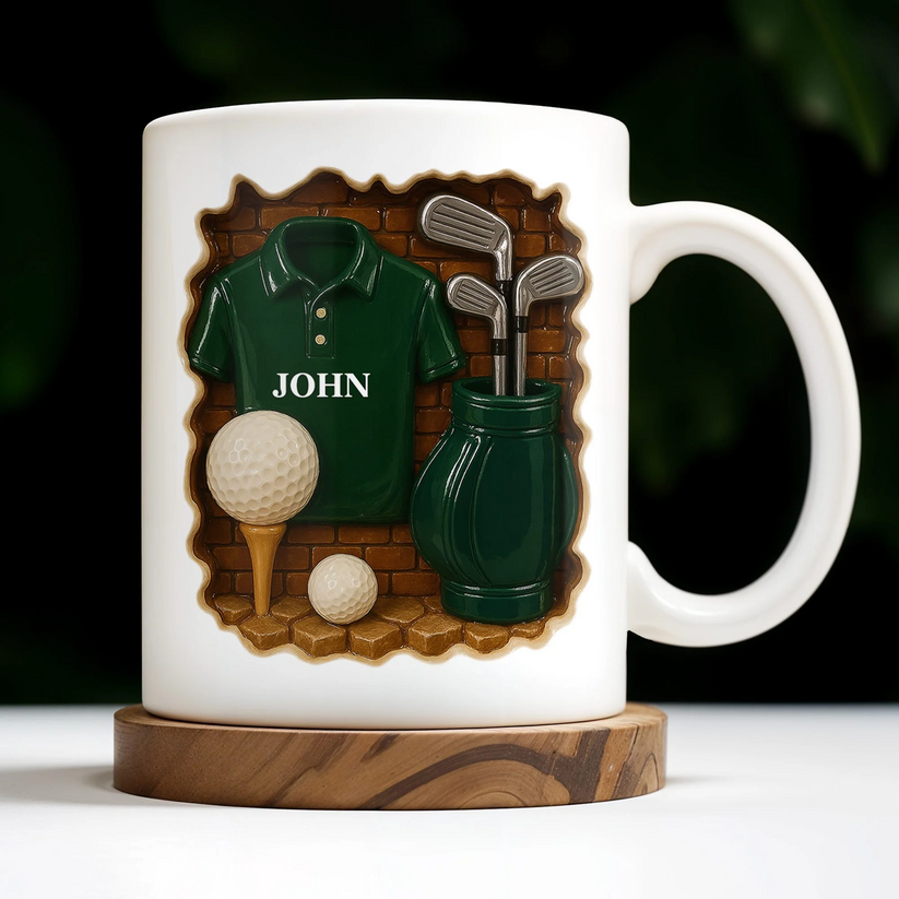 Custom Name Golf Mug, Realistic 3D Brick Wall Illusion, Green Shirt & Golf Balls Graphic, Ceramic Tea Cup for Dad CRMGTP26