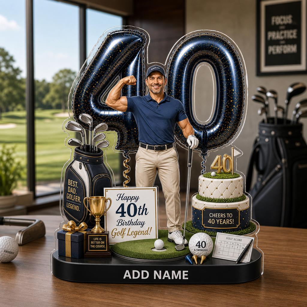 May include: A decorative 40th birthday display featuring a golfer figure, a golf bag, a gold trophy, a two-tier cake, and large dark blue balloon numbers 40. Text includes "Happy 40th Birthday Golf Legend!", "Best. Dad. Golfer. Legend.", "Cheers to 40 Years!", and "ADD NAME".