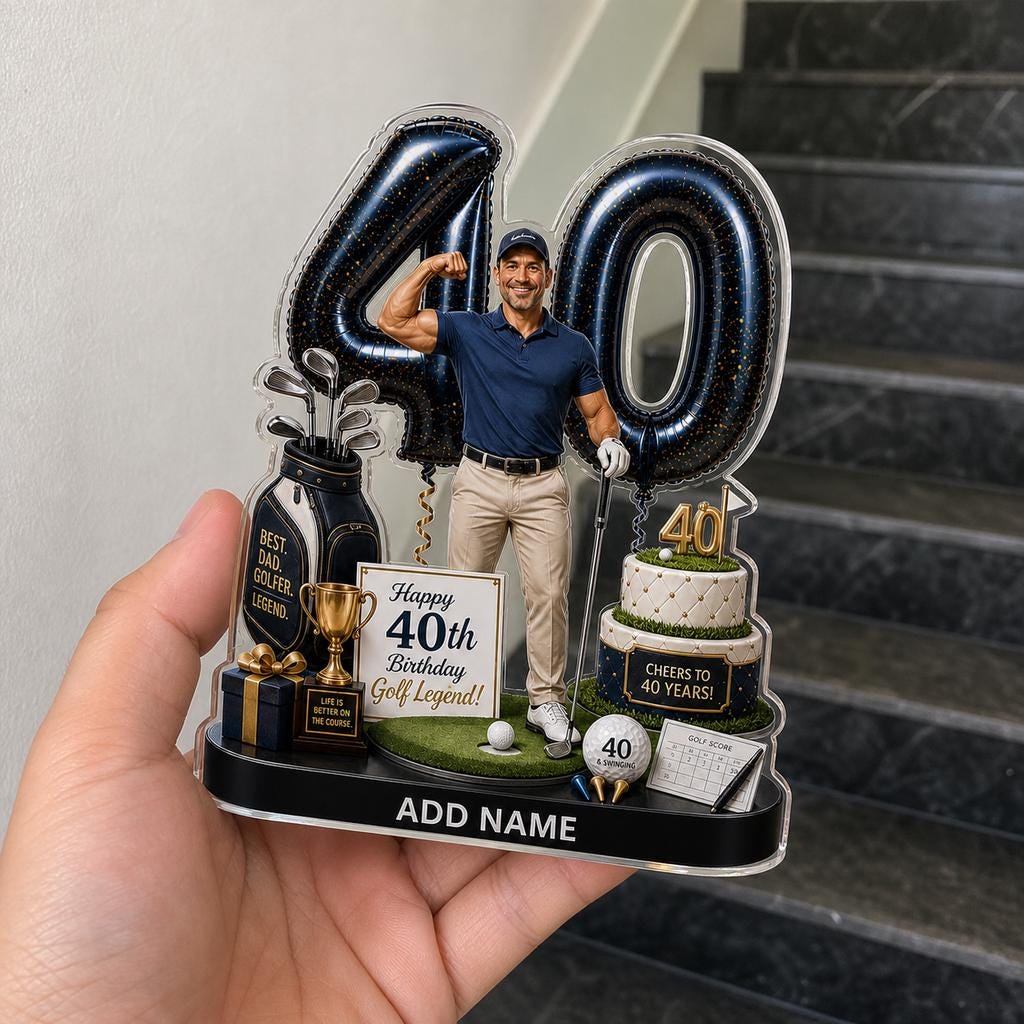May include: A custom acrylic 40th birthday cake topper featuring a golfer, large dark blue balloon numbers, a golf bag, a trophy, a two-tier cake with the text Cheers to 40 years, a golf ball, and a sign reading Happy 40th Birthday Golf Legend.