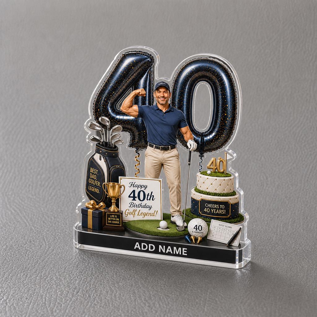 May include: A decorative acrylic display featuring a golfer figure, large black number 40 balloons, a golf bag, a trophy, a two-tier cake, and a sign reading Happy 40th Birthday Golf Legend. The base includes a space for a name and golf accessories.