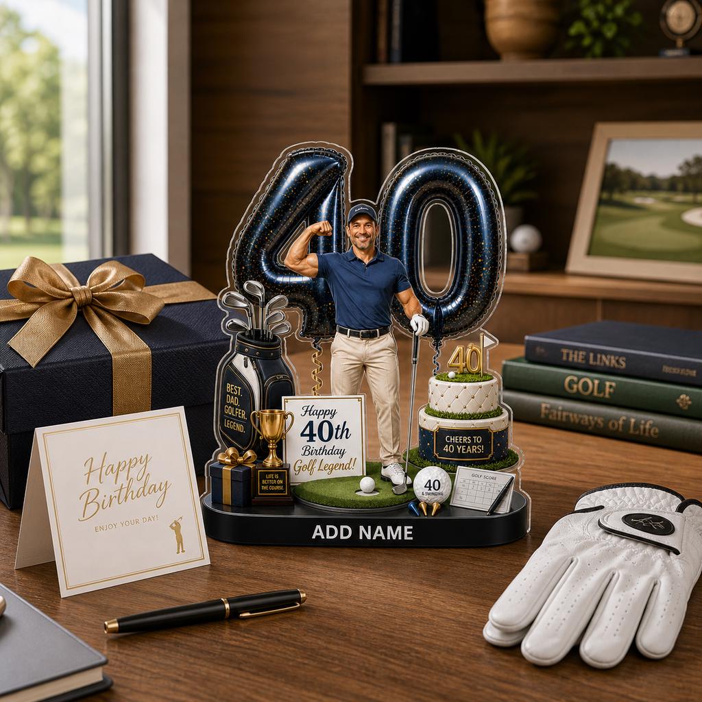 May include: A 40th birthday display featuring a golfer figure, a two-tier cake, a golf bag, and a trophy. The display includes balloons shaped like the number 40, a sign reading Happy 40th Birthday Golf Legend, and a golf ball labeled 40.
