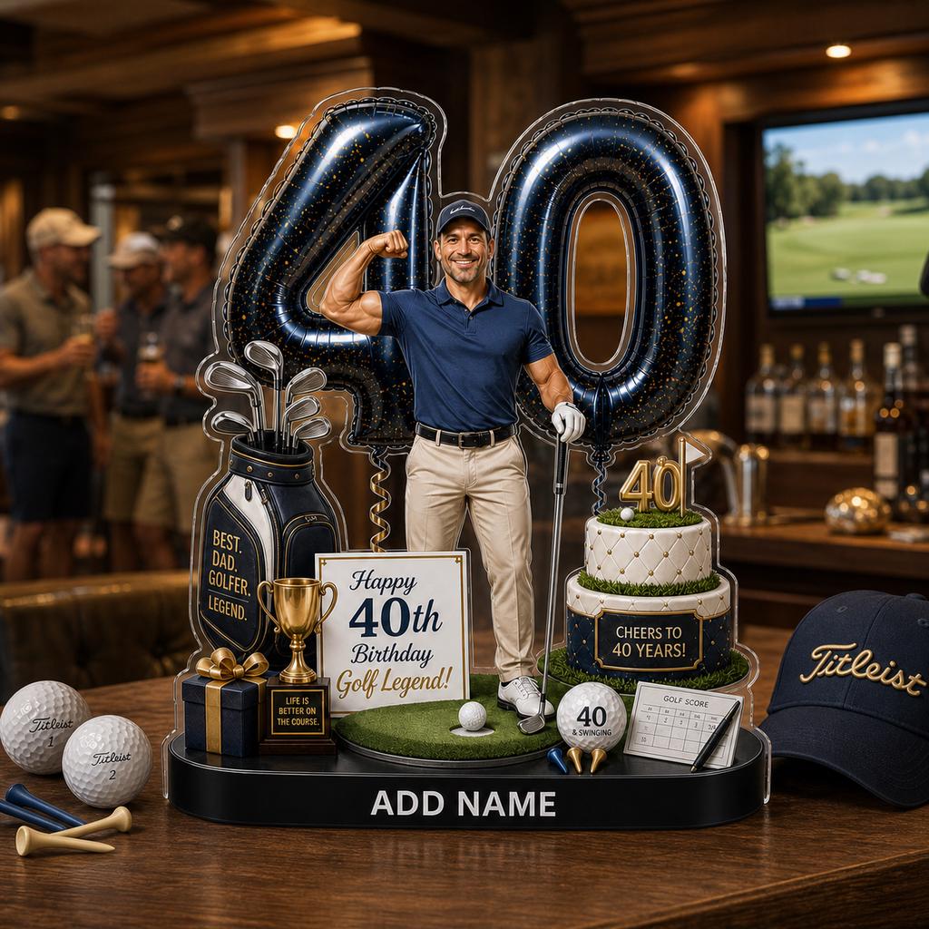 May include: A 40th birthday cake topper featuring a golfer figure, a golf bag, a two-tier cake with the text Cheers to 40 years, a trophy, a sign reading Happy 40th Birthday Golf Legend, golf balls, a scorecard, and large balloon-style numbers 40.