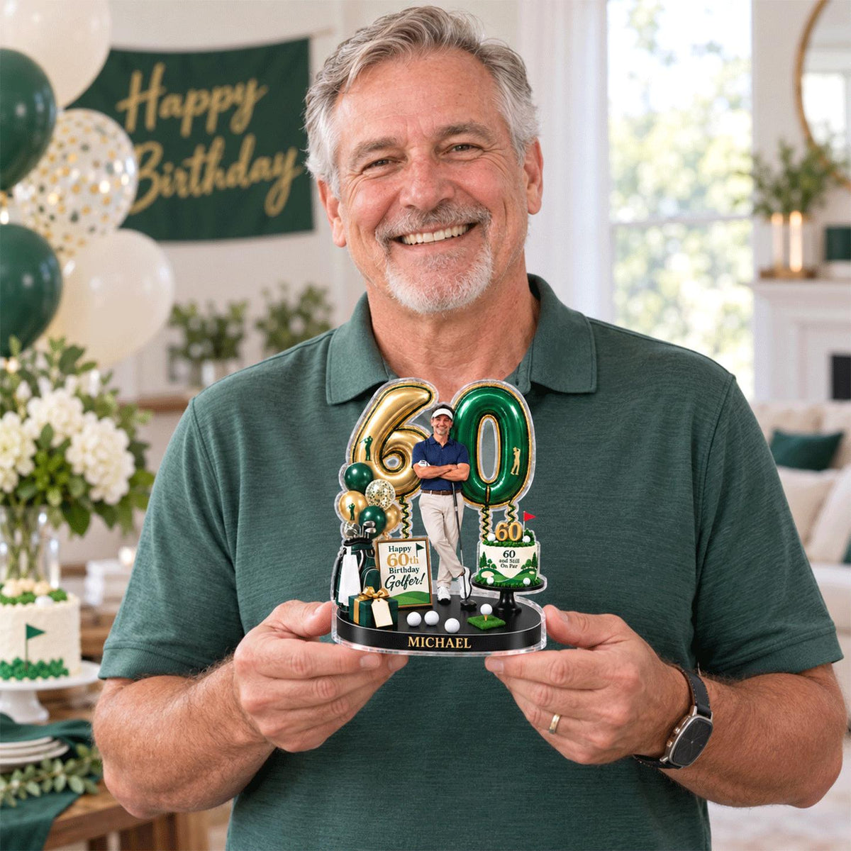 May include: A custom 60th birthday cake topper featuring large gold and green balloon-style numbers, a miniature golfer figure, a small cake with the text 60 and On Par, a sign reading Happy 60th Birthday Golfer, and a base personalized with MICHAEL.