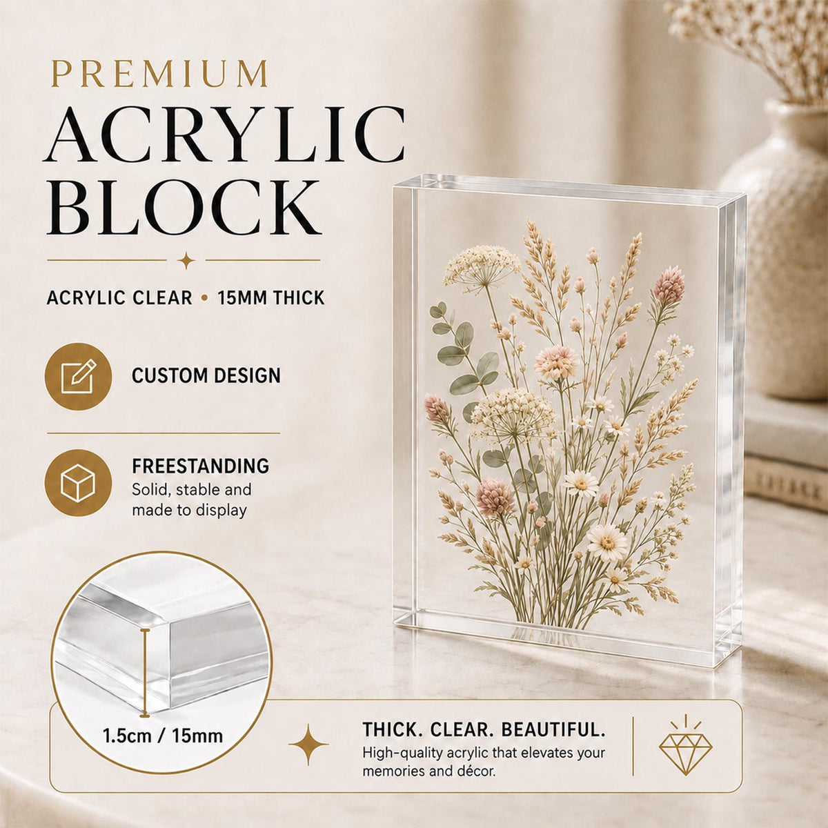 May include: A rectangular, clear acrylic block featuring an embedded arrangement of dried wildflowers and grasses. The block is 15mm thick, freestanding, and displays text including PREMIUM ACRYLIC BLOCK, CUSTOM DESIGN, and THICK. CLEAR. BEAUTIFUL.