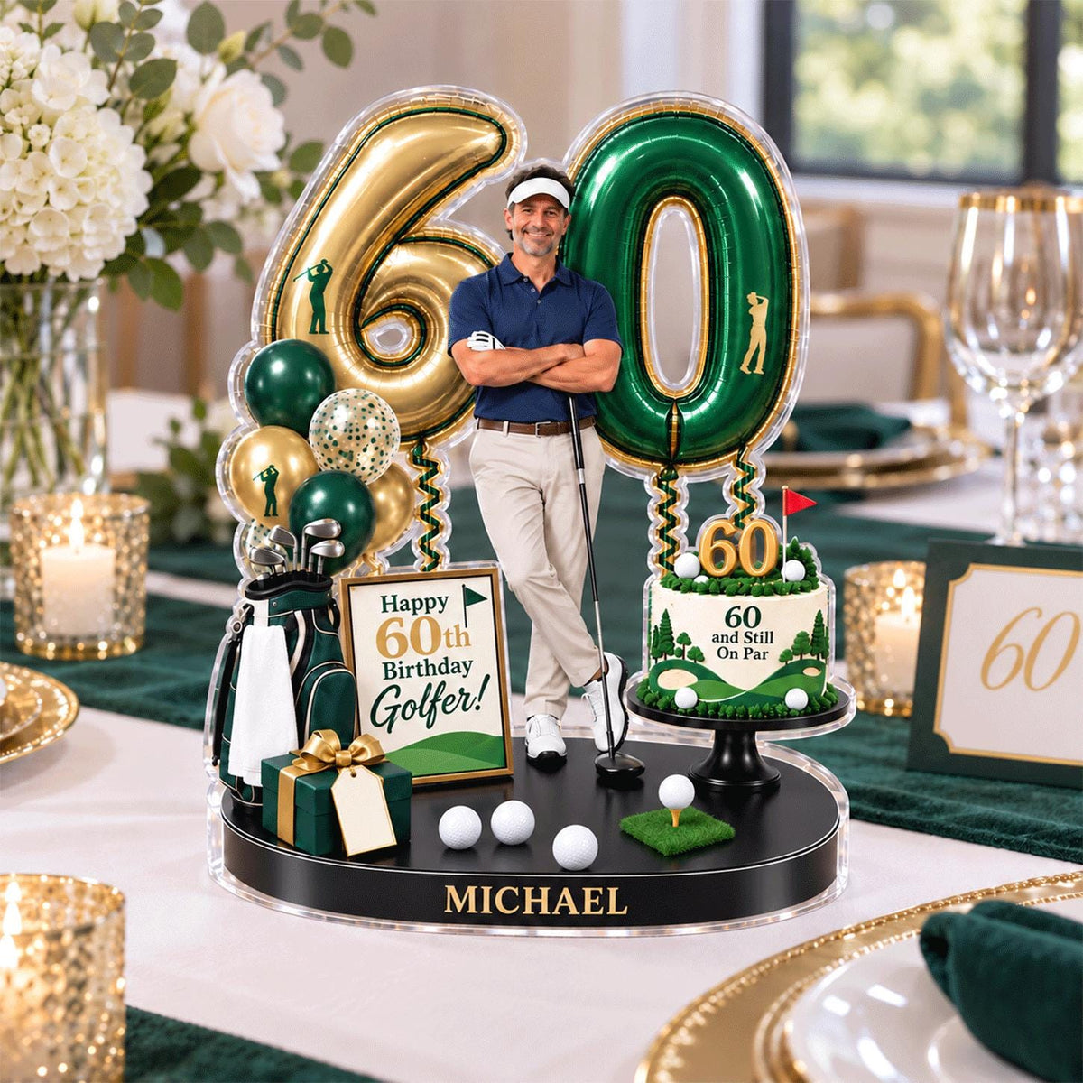 May include: A custom 60th birthday centerpiece featuring a gold balloon shaped like a 6, a green balloon shaped like a 0, a golf bag, a small cake with the text 60 and Still On Par, a sign reading Happy 60th Birthday Golfer!, and the name MICHAEL.
