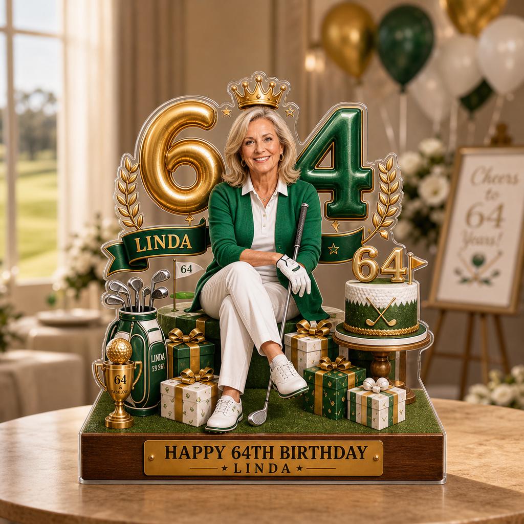 May include: A custom acrylic birthday cake topper featuring a portrait of a woman in a green cardigan and white pants, surrounded by golf-themed decorations, a gold trophy, gift boxes, and the text "HAPPY 64TH BIRTHDAY LINDA" on a wooden base.