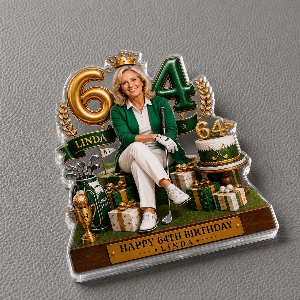May include: A decorative acrylic cake topper featuring a person in a green blazer and white pants sitting on gift boxes. It includes a golf bag, a trophy, a cake with the number 64, and a plaque reading HAPPY 64TH BIRTHDAY LINDA.