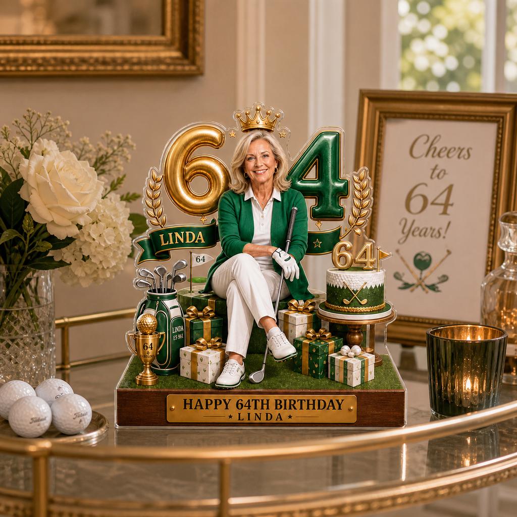 May include: A decorative birthday display featuring a central figure of a person in a green cardigan and white pants, surrounded by golf-themed elements including a bag, clubs, a cake, and gold numbers 64, with a plaque reading HAPPY 64TH BIRTHDAY LINDA.