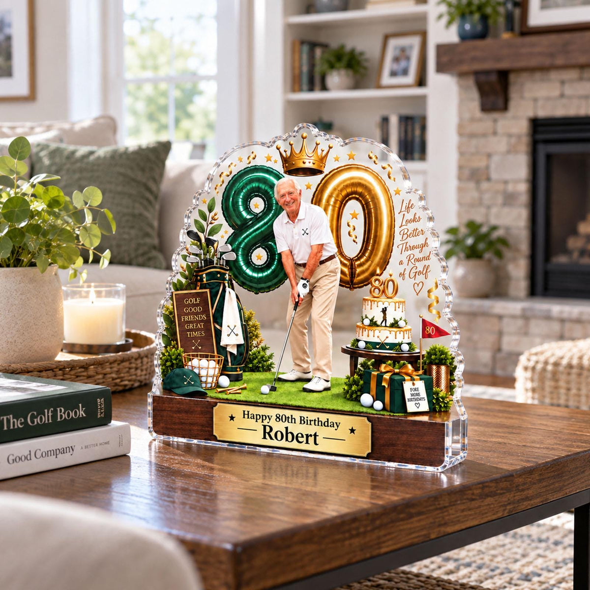 May include: A custom acrylic 80th birthday plaque featuring a photo of a golfer, green and gold balloon-style numbers, a miniature golf bag, a tiered cake, and a gift box. The base is wood-toned with a gold plate reading Happy 80th Birthday Robert.