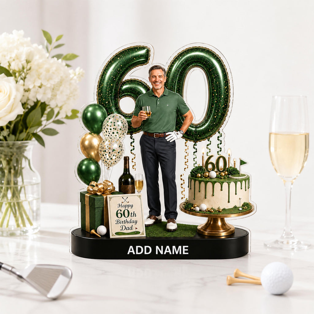 May include: A custom 60th birthday cake topper featuring a cutout of a man in a green polo shirt and dark trousers, large green number 60 balloons, a decorated cake with green icing drips, a gift box, and a sign reading Happy 60th Birthday Dad.