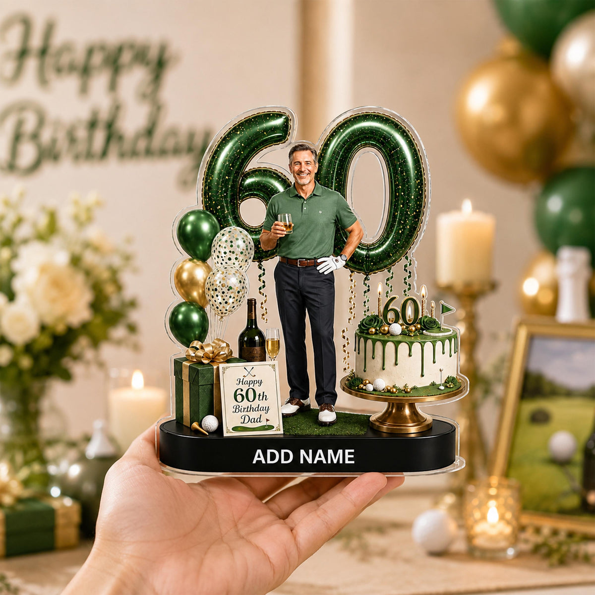 May include: A custom acrylic cake topper featuring a large green number 60, a figure of a person in a green polo shirt and dark trousers, a miniature cake, a gift box, and a sign reading Happy 60th Birthday Dad, with a base labeled ADD NAME.