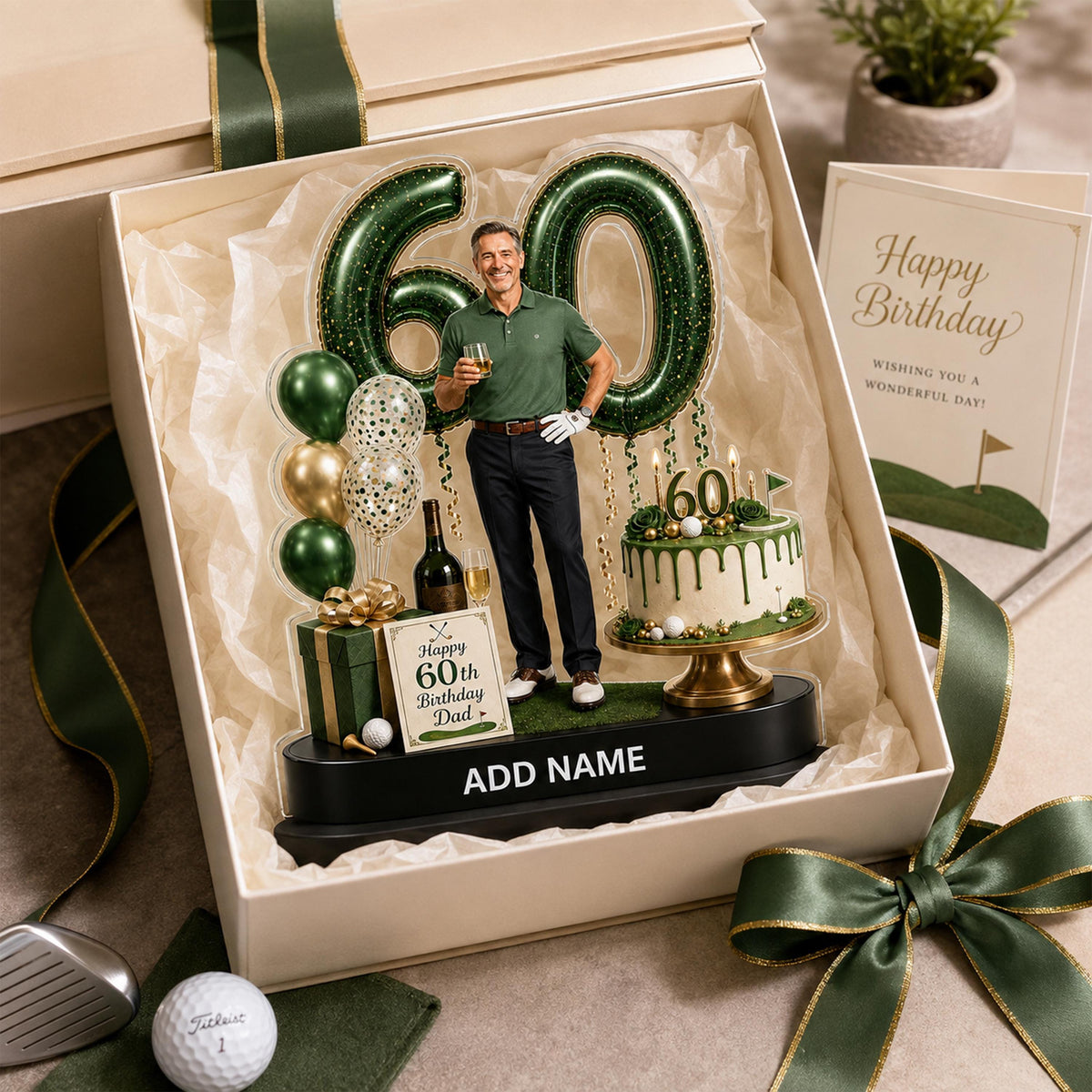 May include: A personalized 60th birthday display set featuring a cutout of a person in a golf shirt, large green number 60 balloons, a miniature cake with a 60 topper, a gift box, and a sign reading Happy 60th Birthday Dad, all in a gift box.