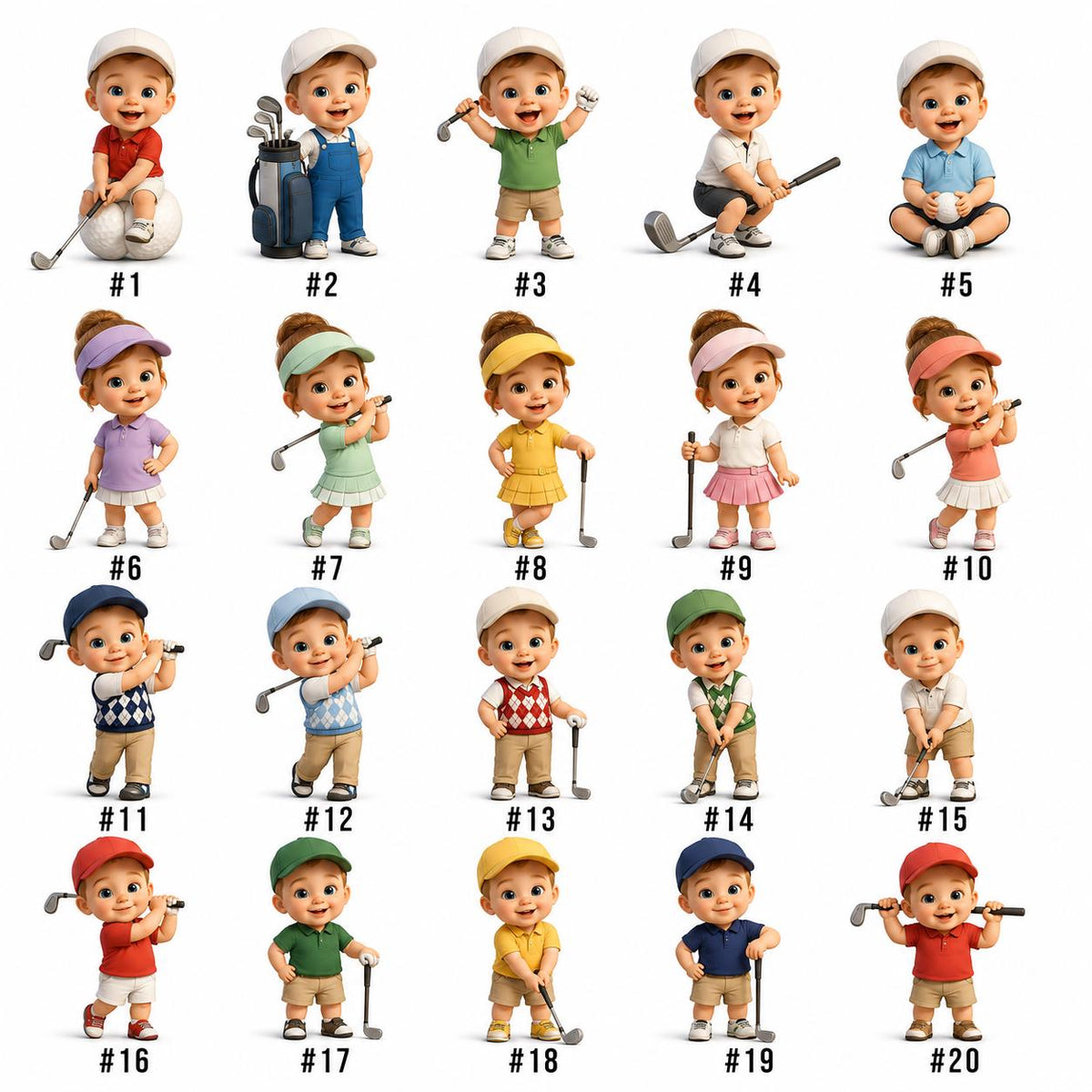 May include: A collection of 20 cartoon illustrations of children dressed in golf attire. Each child is wearing a hat and holding a golf club. The children are wearing various outfits, including polo shirts, overalls, and skirts. Each illustration is numbered.