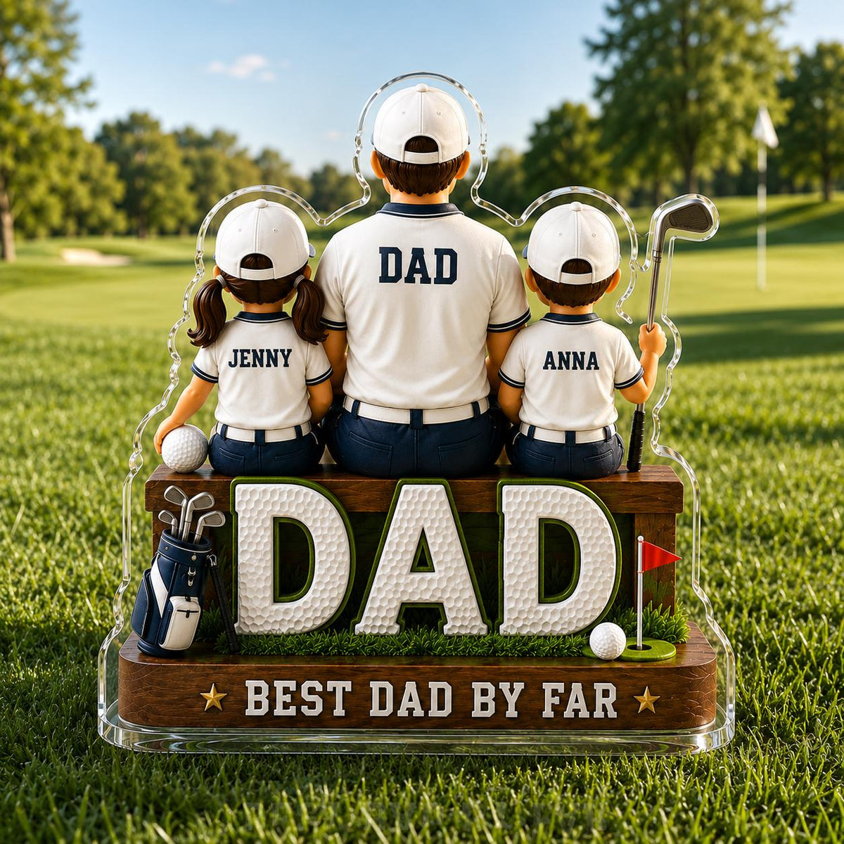 May include: A decorative acrylic golf-themed figurine featuring a father and two children. The father's shirt reads "DAD," and the children's shirts are labeled "Jenny" and "Anna." The base says "DAD" and "BEST DAD BY FAR."