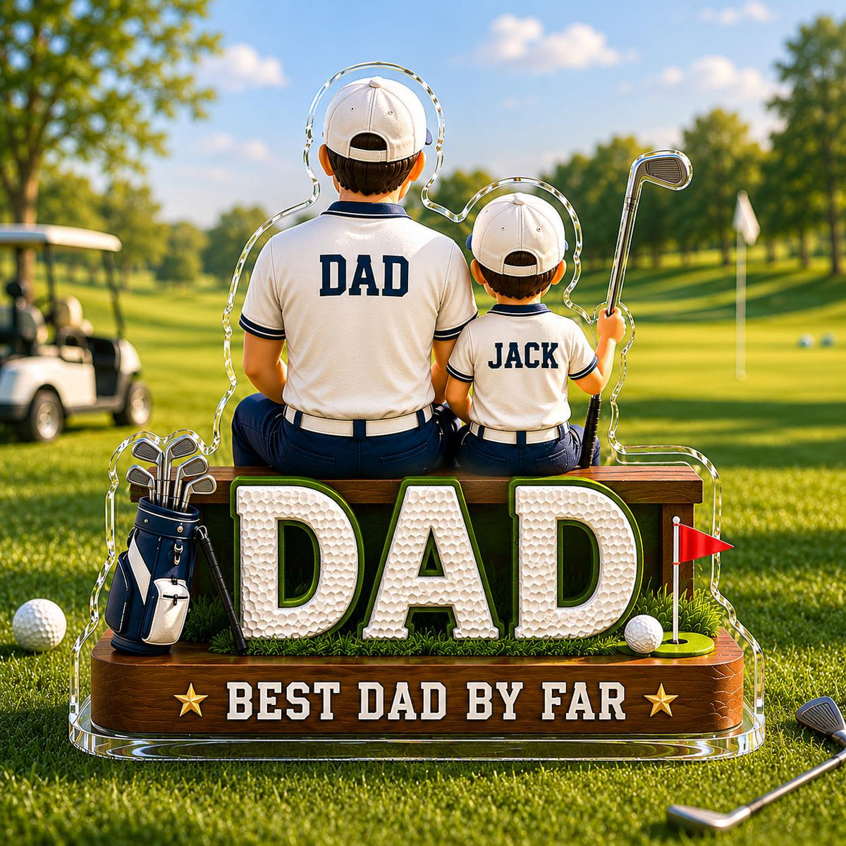 May include: A decorative golf-themed figurine featuring a father and child wearing matching shirts with "DAD" and "JACK" on the back. The base reads "DAD BEST DAD BY FAR" with golf balls and a flag.