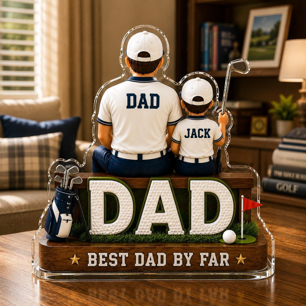 May include: A decorative acrylic golf-themed figurine featuring a father and son with the word "DAD" in large letters. The figurine includes a golf bag, golf ball, and the text "BEST DAD BY FAR".