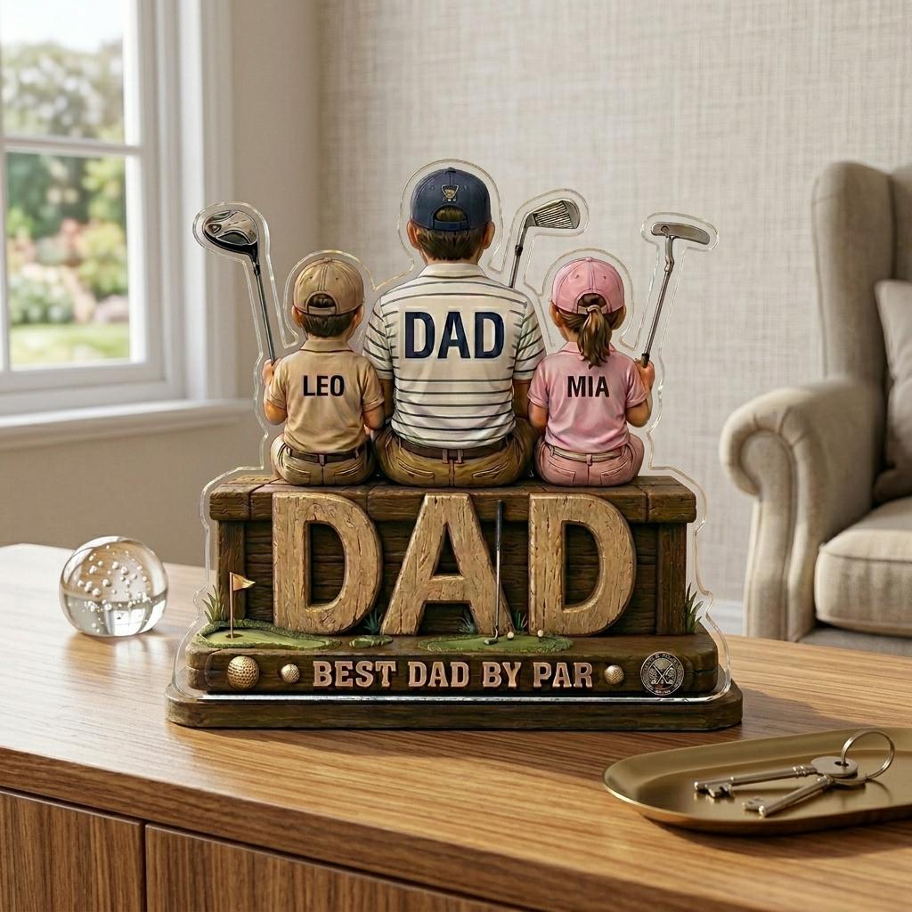 May include: A decorative acrylic golf-themed figurine featuring three figures with golf clubs, labeled "DAD", "LEO", and "MIA". The base reads "DAD" and "BEST DAD BY PAR". The figures are seated on a wooden bench.