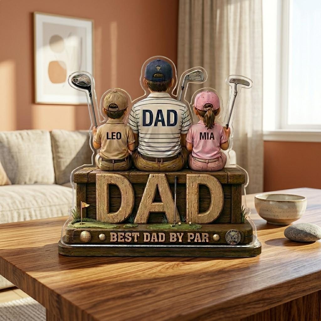 May include: A decorative acrylic piece featuring a father and two children with golf clubs. The father's shirt reads "DAD", and the children's shirts have names. The base reads "DAD BEST DAD BY PAR".