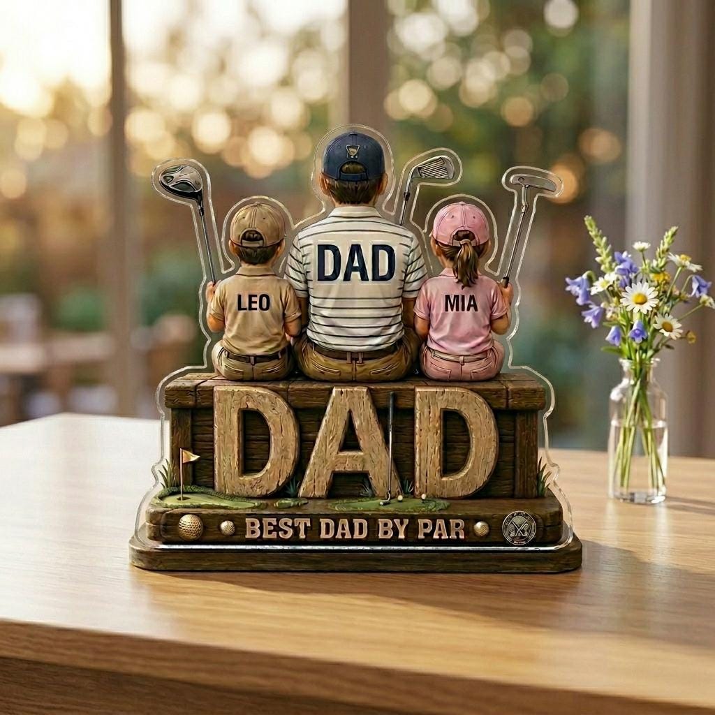 May include: A decorative acrylic figurine featuring a father and two children with golf clubs. The word "DAD" is printed on the father's shirt and on the base, along with "BEST DAD BY PAR". The children's shirts have the names "LEO" and "MIA".