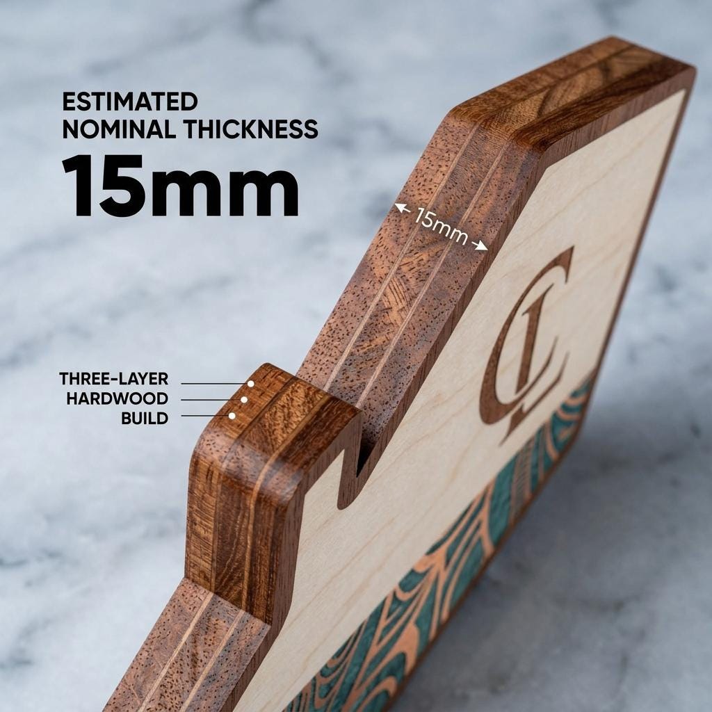 May include: Close-up of a wooden phone stand with a three-layer hardwood build. The stand has a light wood surface with a teal and orange design and a dark wood border. The estimated nominal thickness is 15mm.