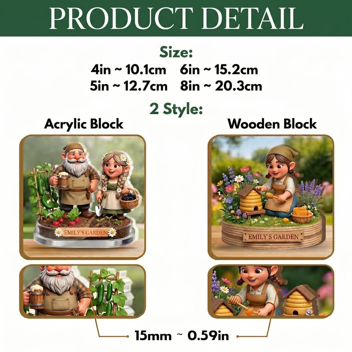 May include: Product detail image showing two styles of decorative blocks: acrylic and wooden. The acrylic block features a gnome and a woman in a garden setting. The wooden block depicts a woman with a beehive. Sizes range from 4 inches to 8 inches.