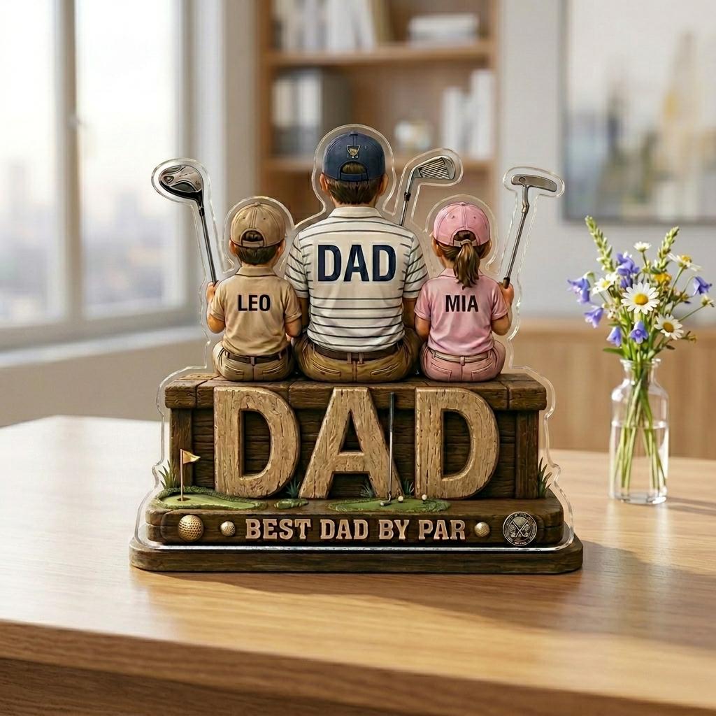 May include: A decorative acrylic golf-themed figurine featuring a father and two children. The father's shirt reads "DAD" and the base says "DAD BEST DAD BY PAR". The children's shirts have the names "LEO" and "MIA".