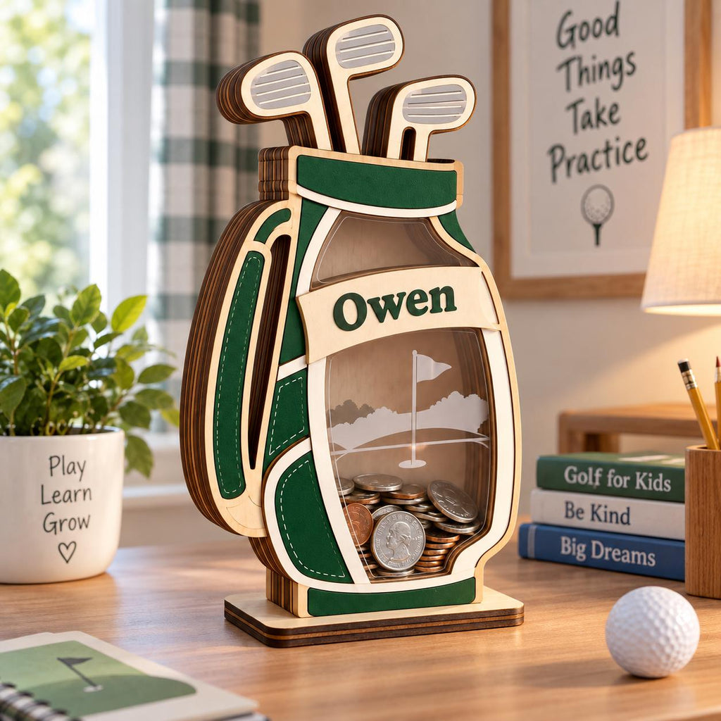 May include: A wooden golf bag shaped coin bank with a clear front panel, featuring the name Owen printed on a horizontal band. The bank is painted in dark green and natural wood tones, containing various metal coins and a golf course graphic.