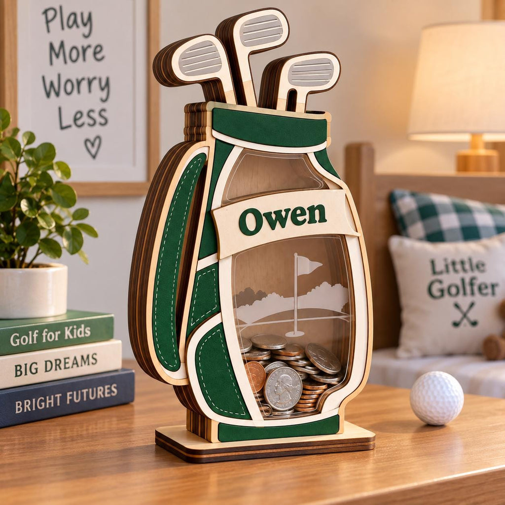 May include: A wooden golf bag-shaped coin bank with a clear front panel, featuring the name Owen printed on a banner. The design includes three golf clubs at the top, a green and natural wood finish, and a golf course graphic etched on the clear panel.