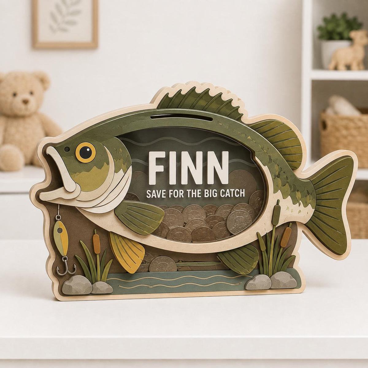May include: A wooden fish-shaped piggy bank featuring a clear front panel filled with coins. The design includes green and tan layers, a fishing lure, and the text FINN SAVE FOR THE BIG CATCH printed in white on the center of the fish body.