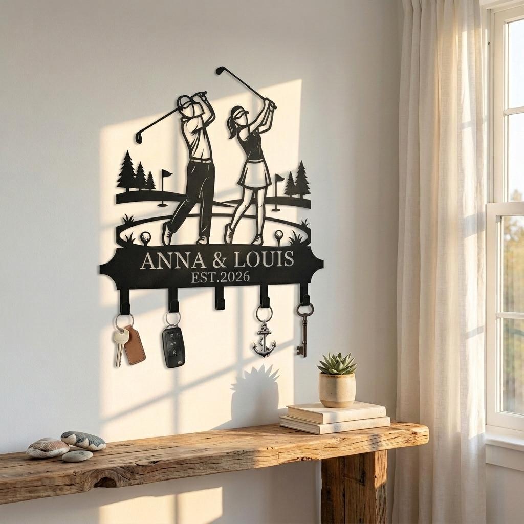May include: Black metal key holder featuring a golf-themed design with two golfers, the names "ANNA & LOUIS" and the year "EST.2026". Includes key hooks and decorative elements. A stylish and functional home decor item.