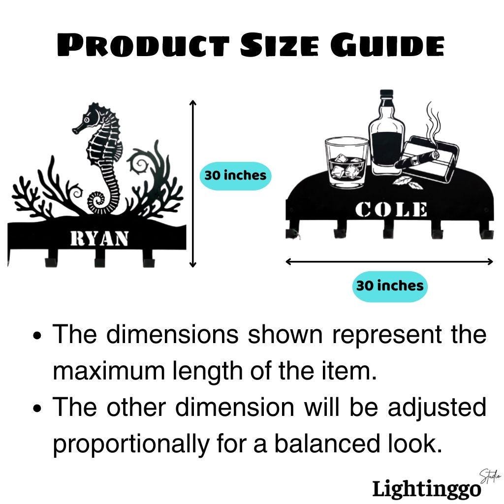 May include: A product size guide shows two black metal wall art pieces. One features a seahorse design and the name "RYAN", the other has a bar scene with the name "COLE". Both are 30 inches in length.