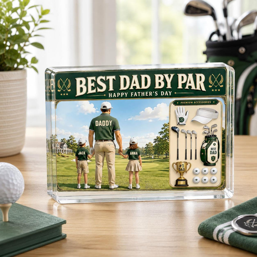 Personalized Golf Dad Acrylic Block, Custom Dad And Kids Photo Block, Best Dad By Par, Golfing Gift for Dad, Father's Day Gift for Dad