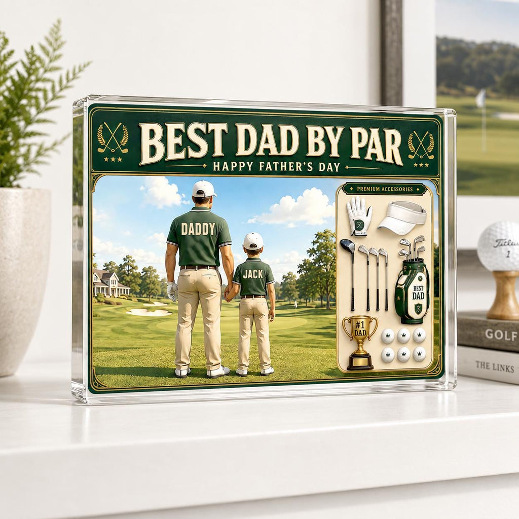 Personalized Golf Dad Acrylic Block, Custom Dad And Kids Photo Block, Best Dad By Par, Golfing Gift for Dad, Father's Day Gift for Dad