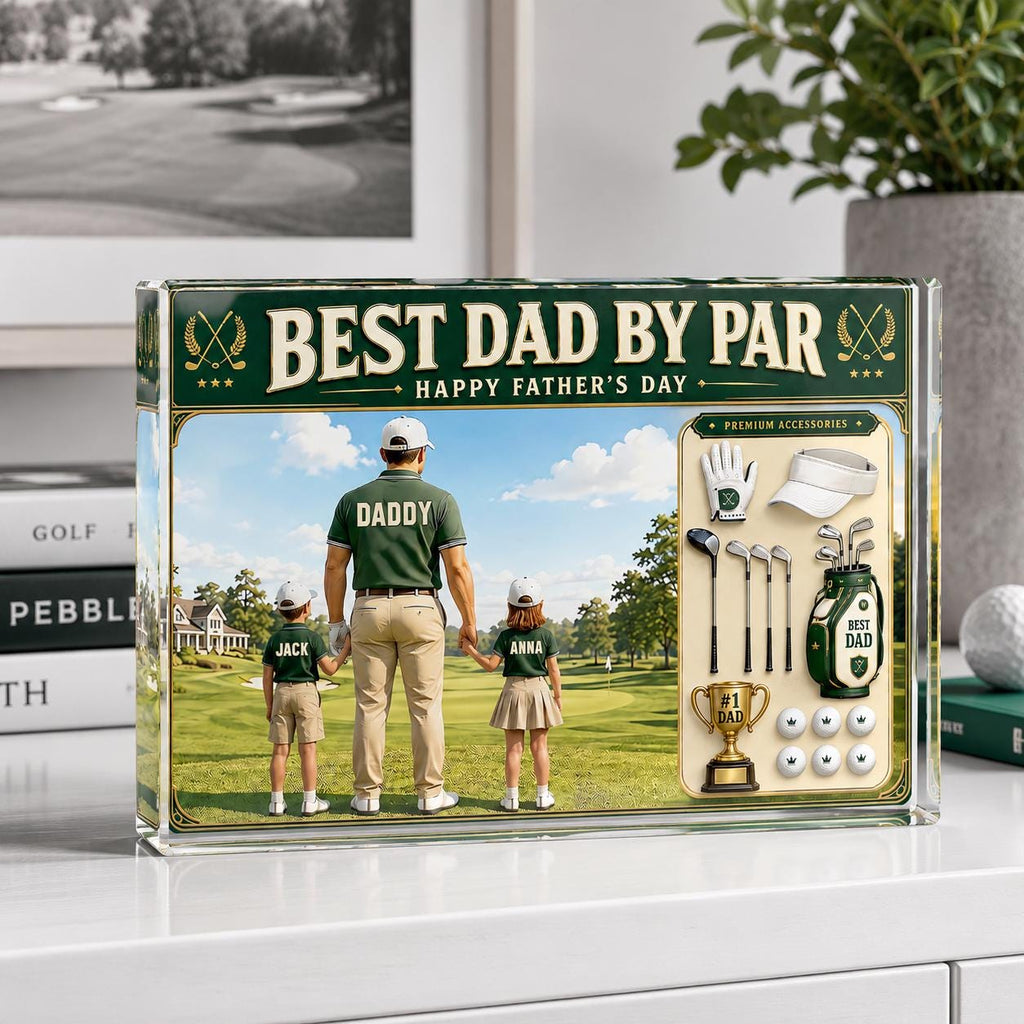Personalized Golf Dad Acrylic Block, Custom Dad And Kids Photo Block, Best Dad By Par, Golfing Gift for Dad, Father's Day Gift for Dad